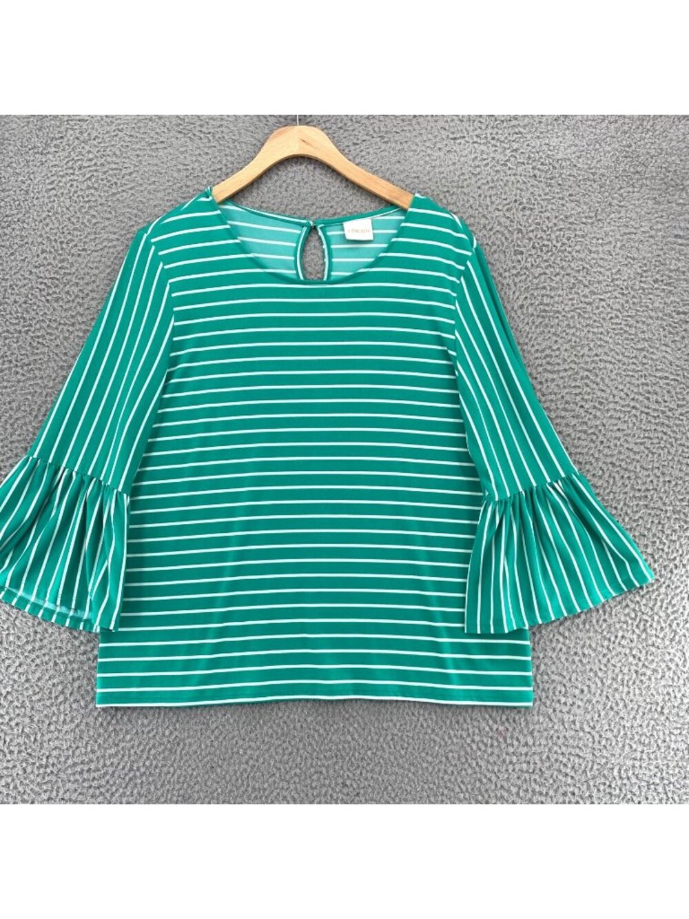 Chicos Top Womens 1 US Medium Green Glamour Striped 3/4 Bell Sleeve Stretch Knit